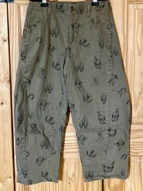 Easel Women's Olive Barrel Jeans with Western Print